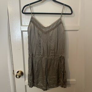 Zara TRF Collection Trafaluc Dusty Green Silk Cotton Blend Romper Pockets NWT